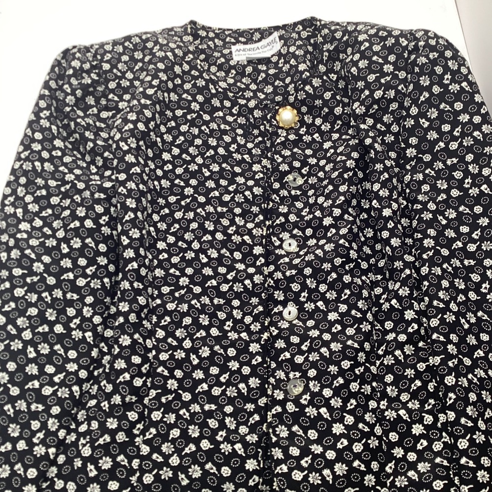 Vintage Andrea Gayle Floral Dress Suit Set Size 10 Black White Pearl Button - Picture 8 of 12